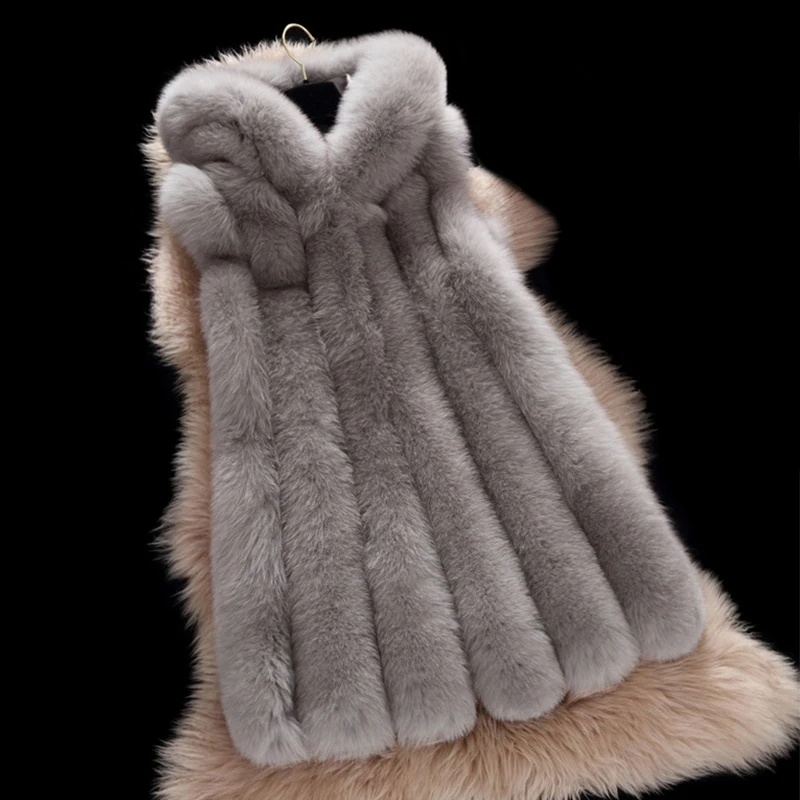 2021 модная зимняя одежда жилет из искусственного лисьего меха с капюшоном женское