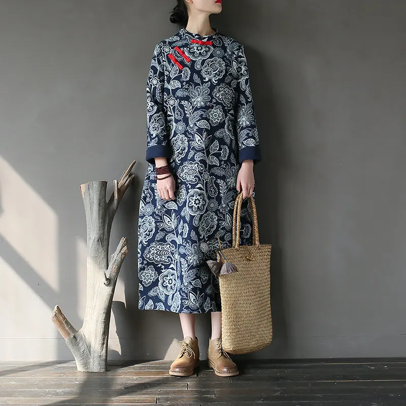 Женское винтажное платье в китайском стиле Cheongsam белого и синего цвета Осень зима