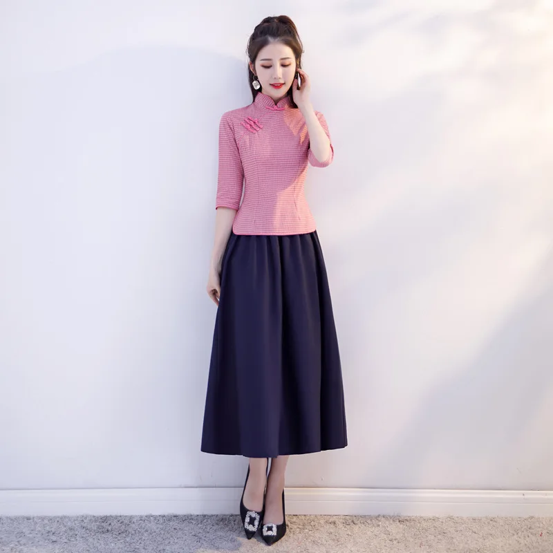 Женский летний cheongsam костюм из двух частей женский хлопковый Ципао винтажный воротник Мандарин Qipao Vestidos размера плюс S-3XL