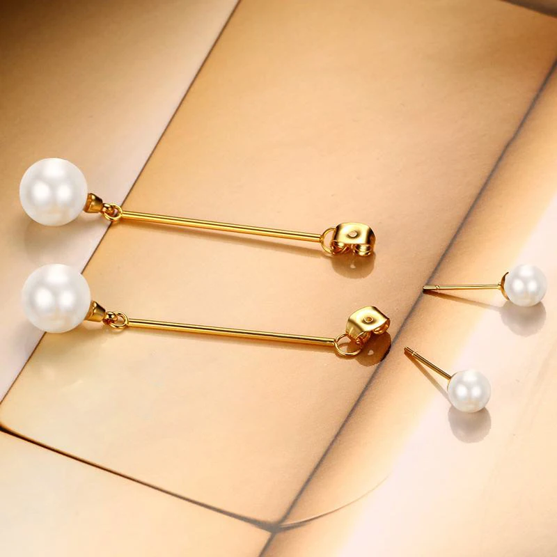 Vnox двойной круглый имитация Серьги с жемчугом для Для женщин длинные Нержавеющая