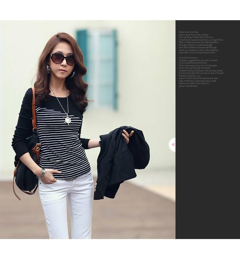 Женская Полосатая Футболка 2019 весна осень с круглым вырезом длинным рукавом