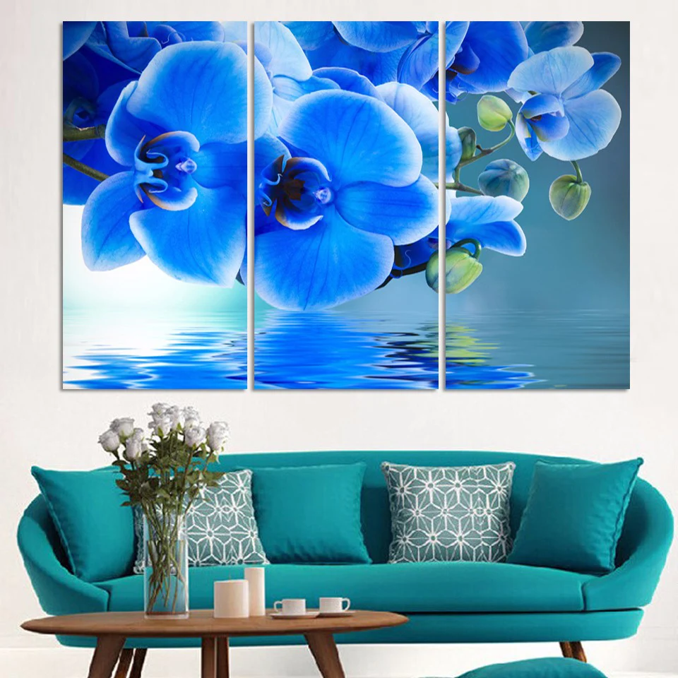 

Living Room Wall Art Pictures On Canvas HD Printed 3 Pieces Blue Flower And Water Modern Painting Home Decoration Posters Frame