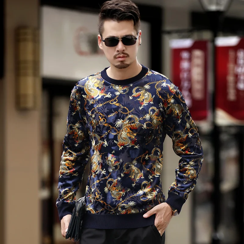 

Golden leaves printing fashion casual high-end long sleeve t shirt Autumn&Winter 2017 New gold velvet quality t shirt men M-XXXL