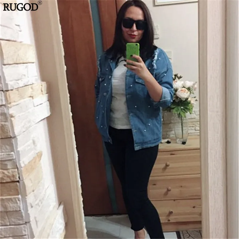 Женская джинсовая куртка Rugod винтажная рваная с бусинами и длинным рукавом