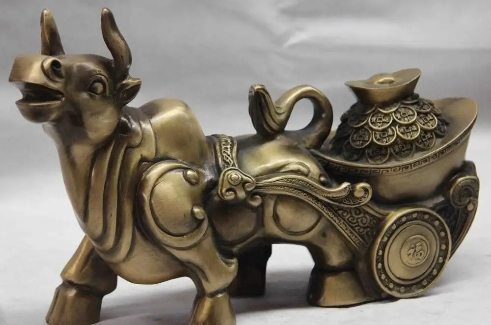 Китайская Медь Бронза Yuanbao богатство деньги бык-нарисованная тележка Бык, скот статуя (art.: 7acba3437) - 7acba3437