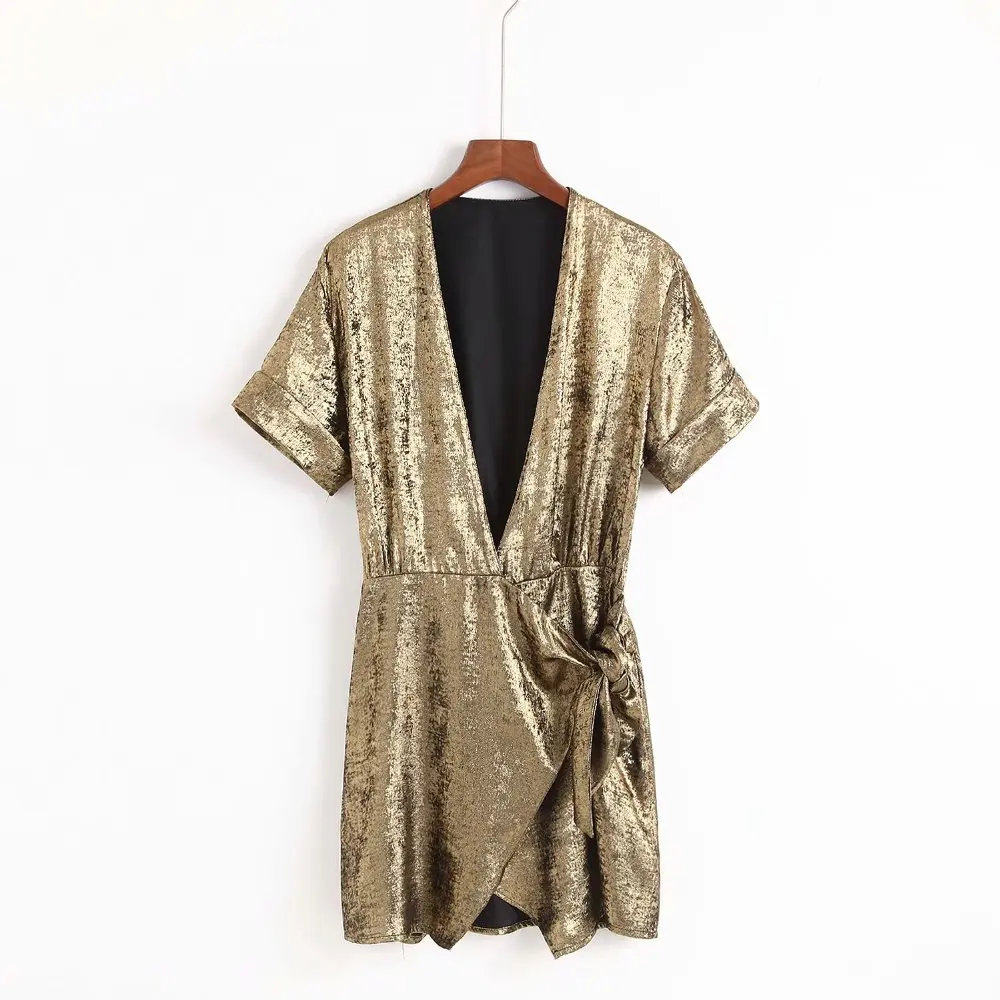 2019 za Women european shiny dress cross over short sleeve V-neck Dress Hot Sale Clothing vestidos | Женская одежда