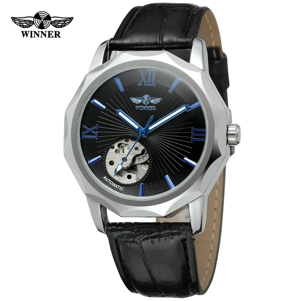 WINNER Blue Exotic Dodecagon дизайнерские мужские часы с скелетонным циферблатом