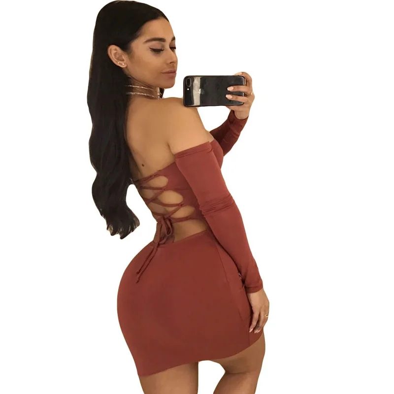 Женские платья с длинным рукавом Дамское открытое Бандажное платье на шнуровке