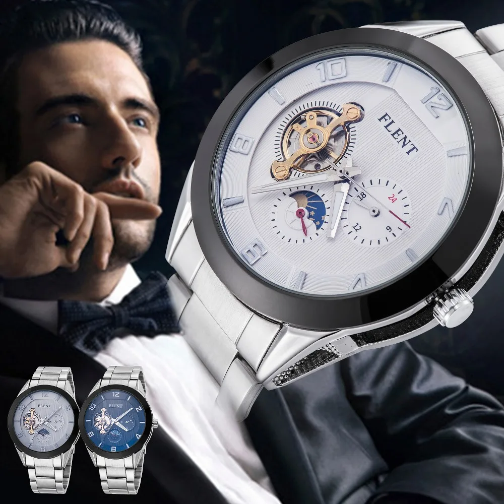 Мужские механические часы Moon Phase из нержавеющей стали автоматические деловые с