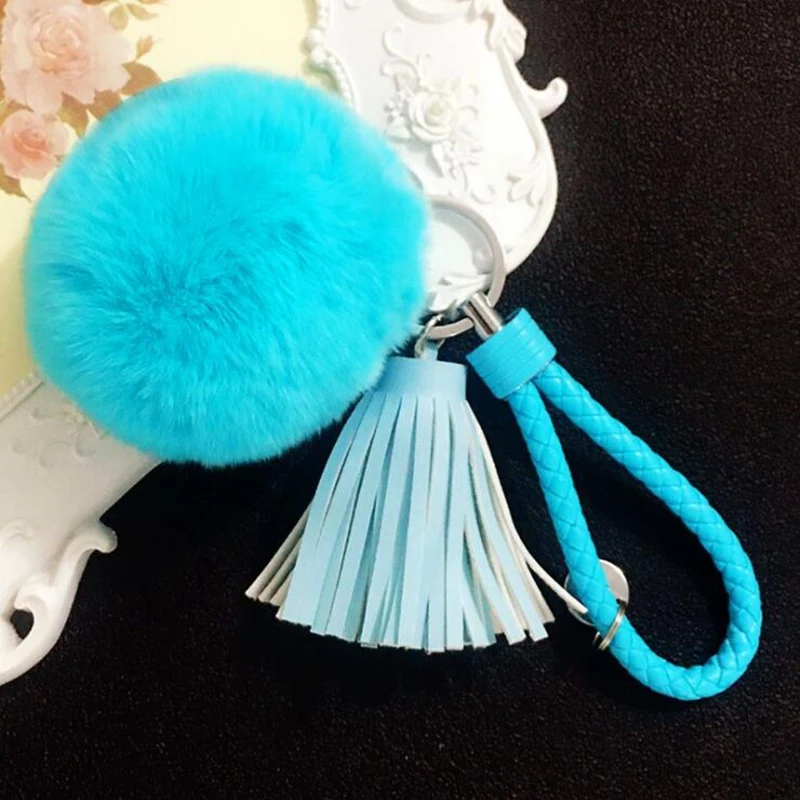 Милый брелок для ключей с кисточкой из натуральной кожи 8 см плюшевый помпоном