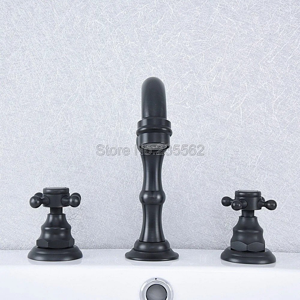 

Black Oil Rubbed Brass 3 Holes Widespread Dual Handle Bathroom Washing Basin Mixer Taps Deck Mounted Lsf539