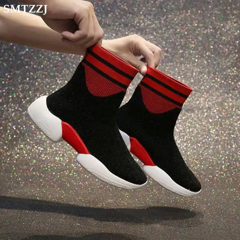 SMTZZJ Spring Autumn black Red Luxury Fashion Soft Platform Thick Bottom 2019 New Bling Boots Ladies Ankle Flat Shoes Sock Boot | Обувь