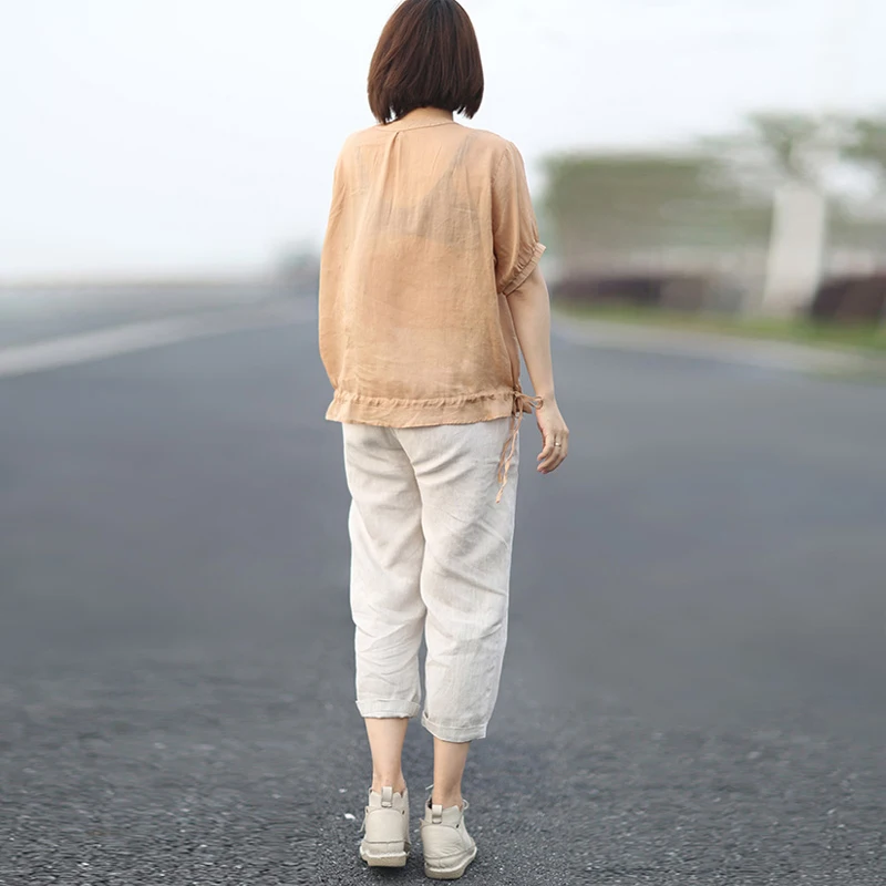 Женские хлопковые топы с круглым вырезом Johnature повседневные однотонные льняные