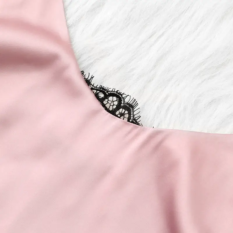 Женская атласная шелковая кружевная пижама из 2 предметов с розовым и черным