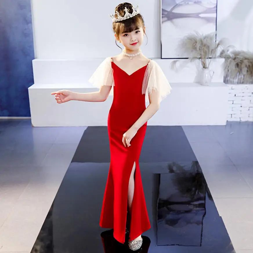 2019 New Red Girls Dress Hosted Catwalk Costumes Fashion Fishtail Split Evening Dress Modis Kids Clothes Vestidos Y1541