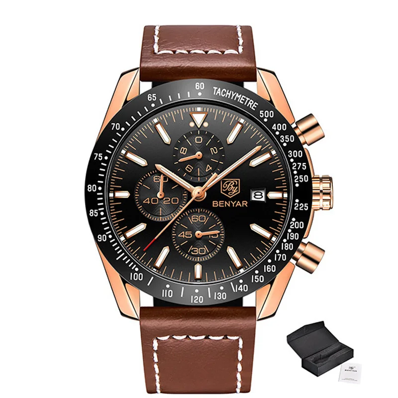Black L Brown BENYAR мужские часы Топ Бренд роскошные часы мужские военные часы кварцевые хронограф бизнес часы ремешок Relogio Masculino - Цвет: Black L Brown