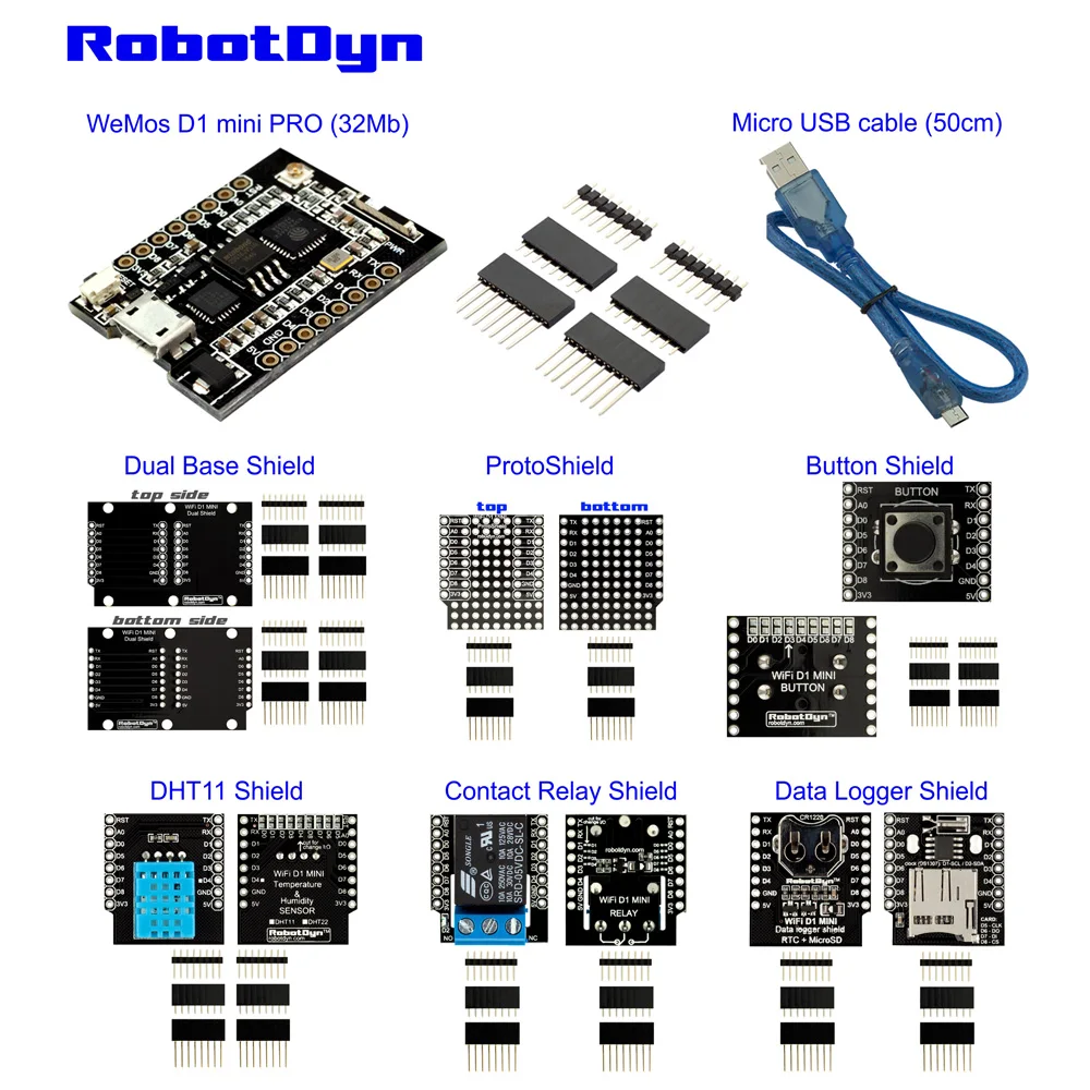 Комплект IoT: WeMos D1 mini PRO ESP8266 32 Mb, набор shield: Dual, ProtoShield, кнопка, реле, журнал данных, совместимый для Arduino FiWi IoT