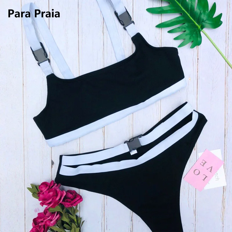 Halter Bandeau Swimwear Belt Buckle Bikini Set Women Swimsuit Sport Sexy Bathing Suit High Cut Swimwear Thong Swim Wear