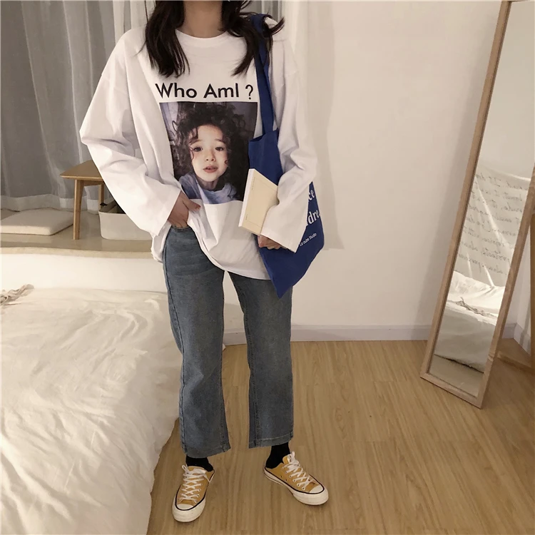 Женская винтажная Туника Ulzzang Harajuku осенняя свободная футболка с длинным рукавом