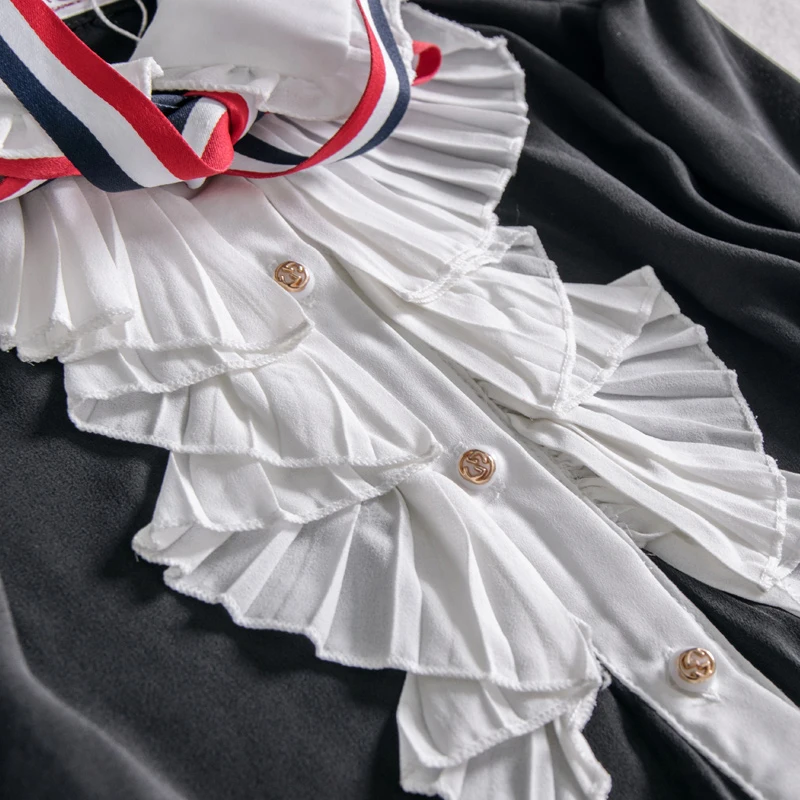 

Brand Black Chiffon Blouses Women 2020 Summer Fashion Runway Top Shirts Bow Ruffles Turn-down Collar Chiffon Blouses Cardigans