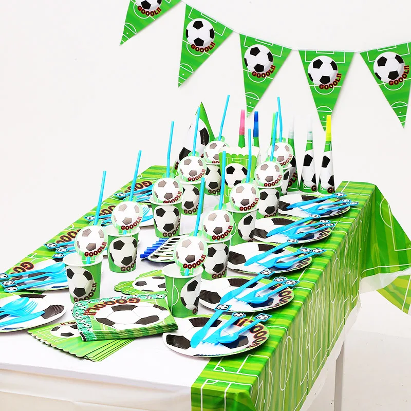 

135pcs/lot 10 kids Football Party Set Tableware Plate Napkins flag Happy Birthday Cartoon Cup Forks Baby Shower Party Decoration