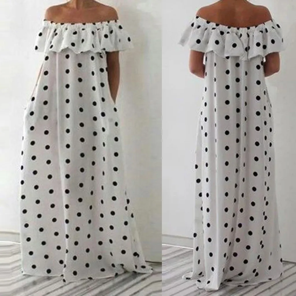 Сексуальное платье с открытыми плечами в горошек женское длинное принтом косой