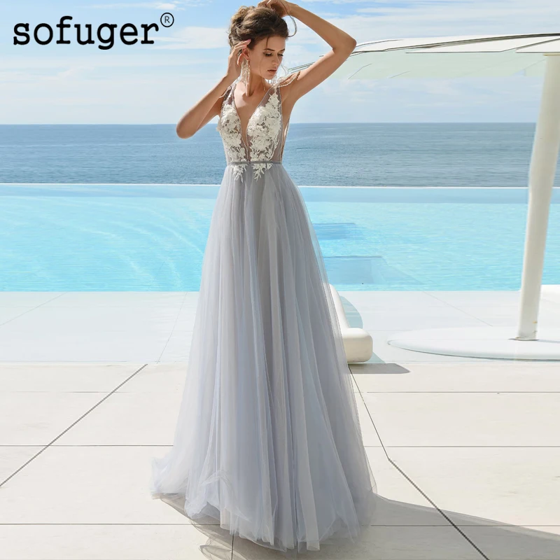 

Vintage Beach Flower Wedding Dress V Neck Pearls Decoration Robe De Mariee Sofuge Boho Dubai Arabic Abiti Da Sposa