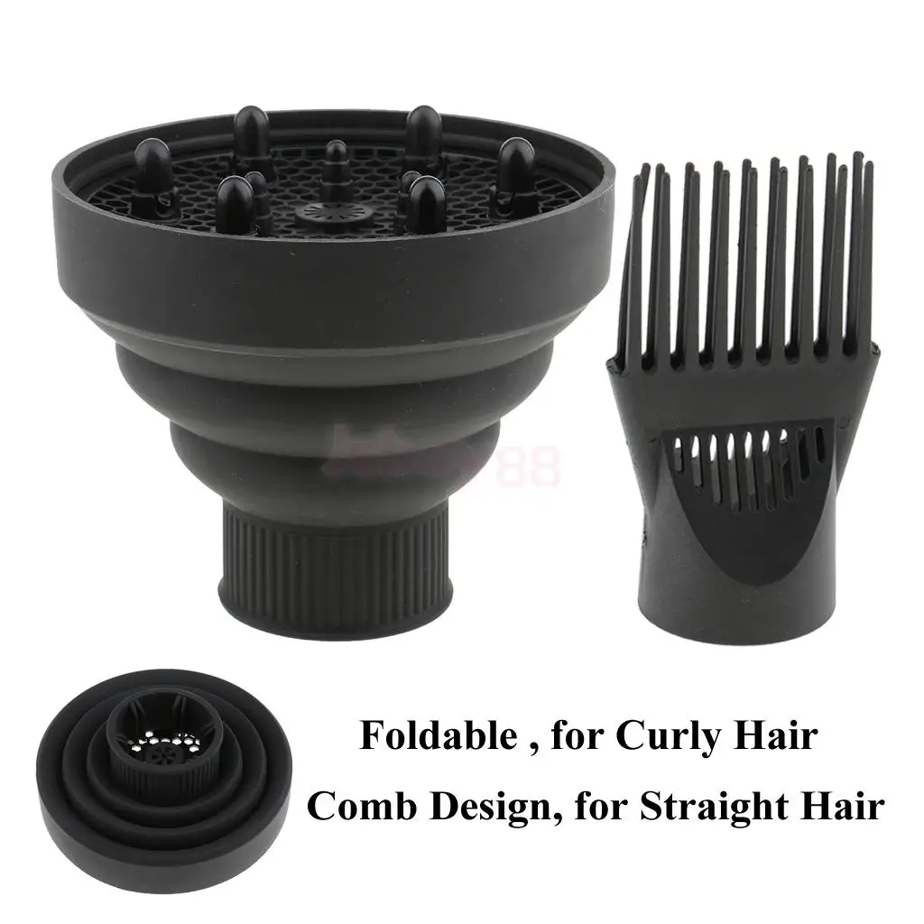 Set of 2pcs Salon Universal Silicone Curl Hair Dryer Diffuser Nozzle Attachment + Wind Blower Straight Cover Comb - Black | Красота и