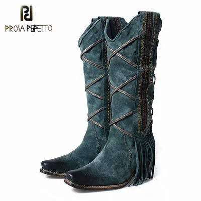 blue(leather in) Prova Perfetto/модные черные женские сапоги с квадратным носком и перекрестной шнуровкой, украшенные бахромой; Изящные рыцарские сапоги в стиле ретро на молнии сбоку - Цвет: blue(leather in)