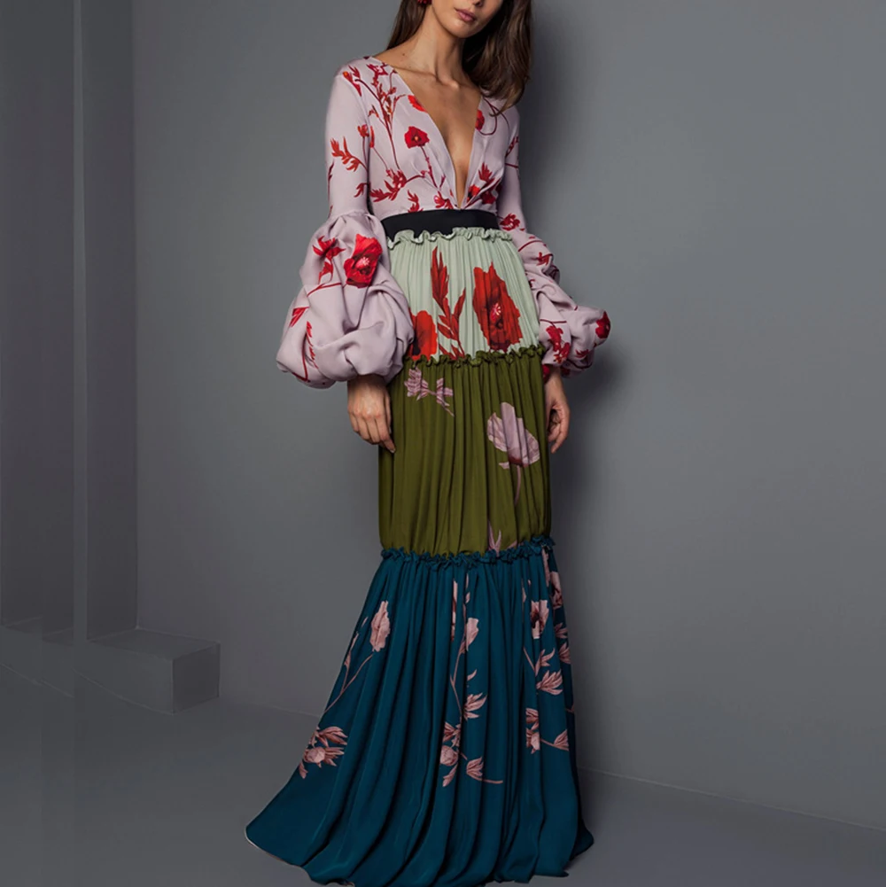 Женское пляжное платье с цветочным принтом Элегантное повседневное v-образным