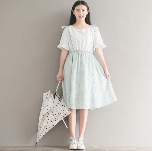 Mori Girl летнее женское милое платье круглый воротник лоскутный плед vestidos De Festa