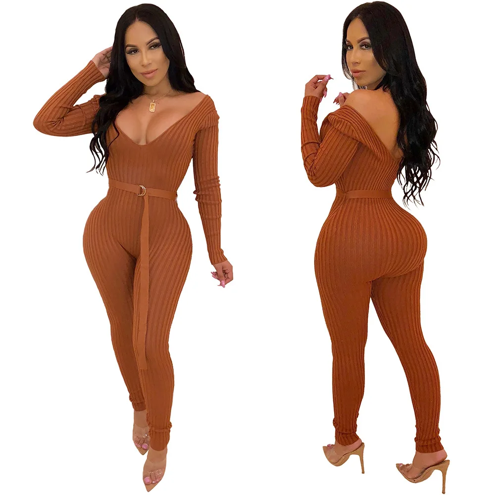 Sexy Low Cut V-neck Jumpsuit Women Long Sleeve Cold should Knit Skiny Lady Bodycon Waist Cincher Night Club Party Female Outfits | Женская