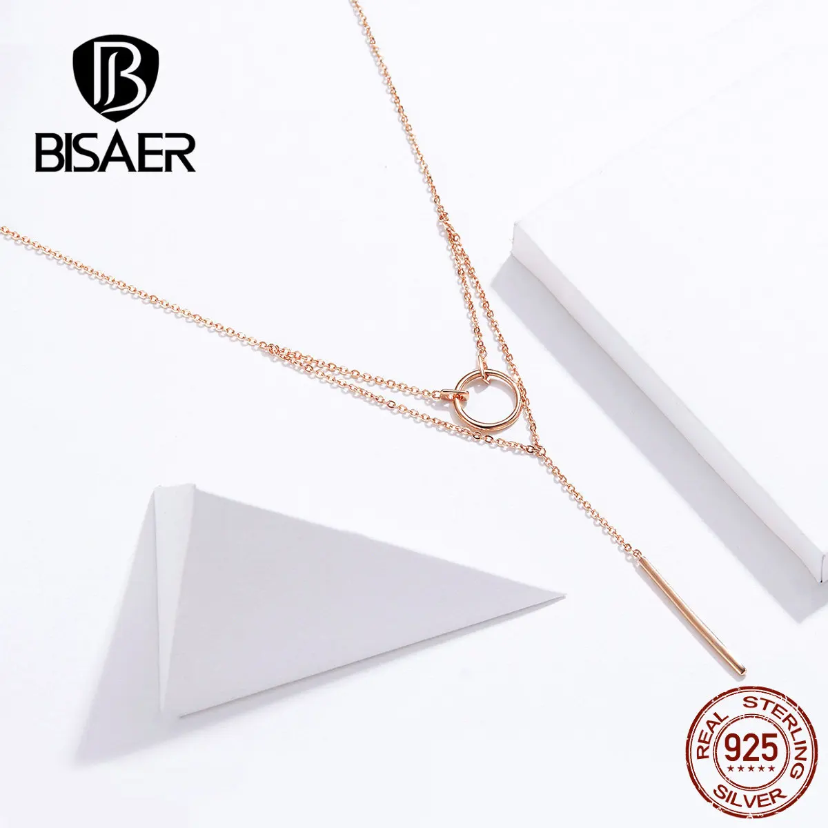 BISAER, простой воротник, 925 пробы, серебро, Круглый Круг, длинная цепочка, подвеска, ожерелья для женщин, Стерлинговое Серебро, ювелирное изделие EFN078