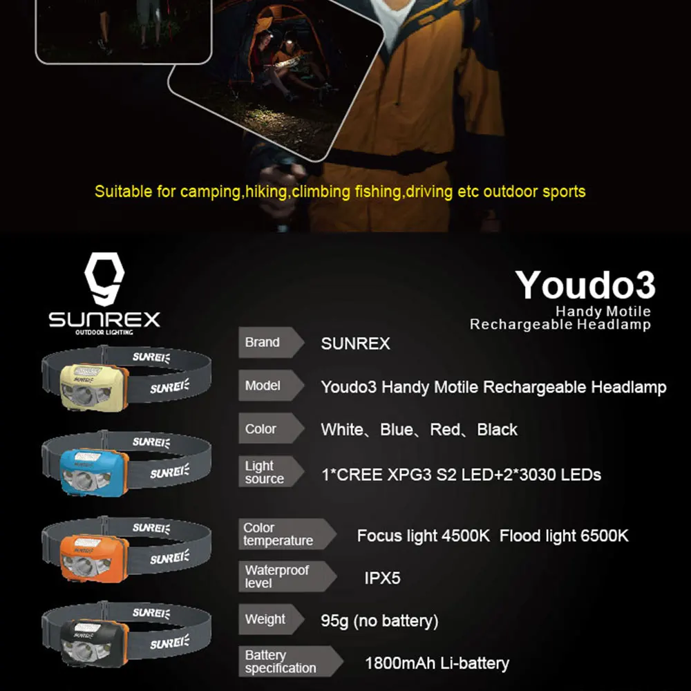 Фара Sunrei Youdo 3 Night Run легкий вес переключатель портативный спортивные