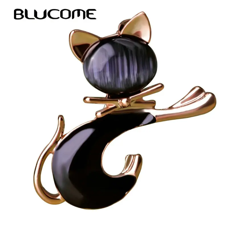 Blucome Cute Black Tie Cat Brooch Smooth Artificial Opals Corsage For Women Collar Hats White Enamel Brooches Pins Girls Gifts