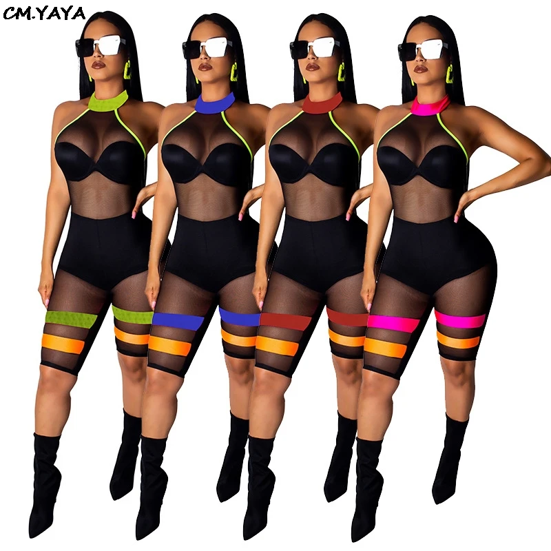 2019 Women summer halter neck sleeveless mesh see though splicing skinny knee length jumpsuit club party romper playsuit SMR9266 |