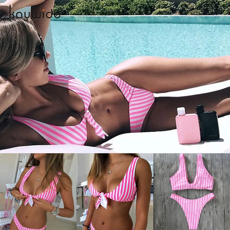 Hot Sale Two Pieces Swimwear Female Swimsuit Sexy Pink &amp White Striped Beach Bikini 2018 |