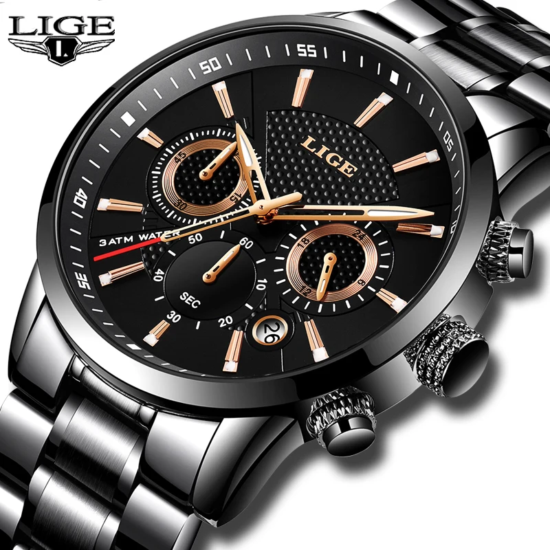 Часы lige для мужчин лучший бренд класса люкс классические черные кварцевые