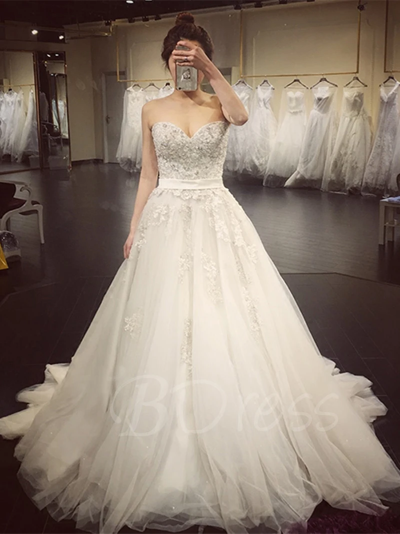 New Sweetheart Court Train A Line Wedding Dress Sequins Tulle Long 2017 Bridal Gown With Sash Vestido De Novias | Свадьбы и