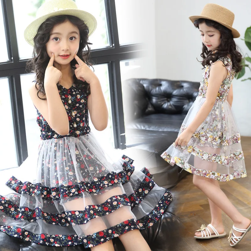 Платья для девочек Новинка лета 2019 платье принцессы с цветочным рисунком детская