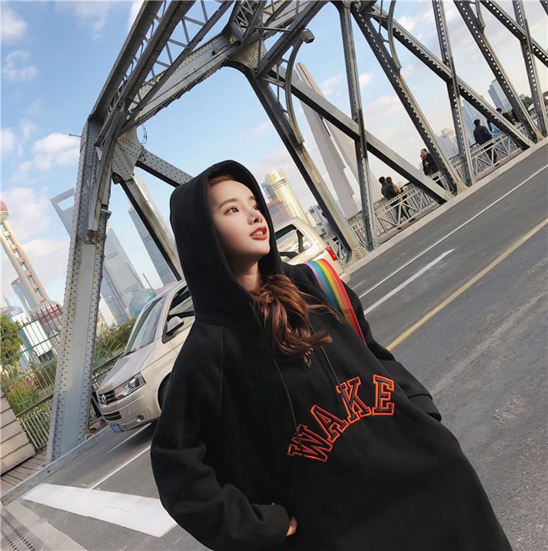 L-3XL New Fall Winter Women Letter Print Loose hoodies Dress Girl streetwear Trend Fashion Long Style Pullovers Sweatshirts
