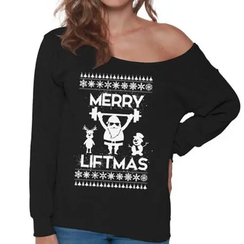 

Merry Liftmas Women Sweatshirt Off Shoulder Christmas Tops Oversize Hoodies & Sweatshirts Pullover Thick Loose Women Sweatshirt