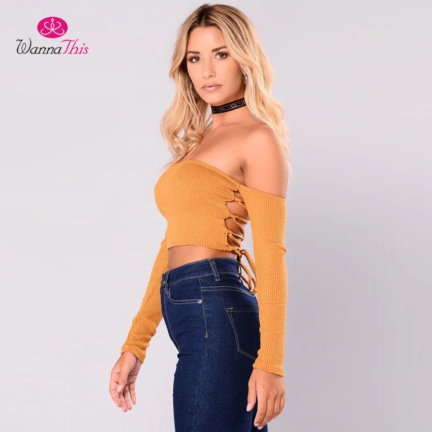 Yellow WannaThis осенние однотонные пикантные топы женские со шнуровкой сзади с длинным рукавом Короткие топы желтые черные рубашки для женщин - Цвет: Yellow
