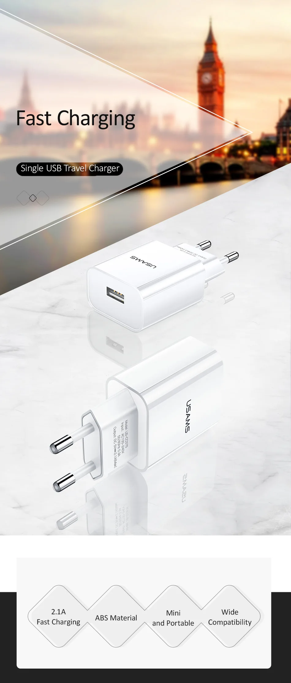 USAMS USB зарядное устройство Быстрая зарядка настенное зарядное устройство для iPhone X iPad 2.1A EU US переходник для samsung Xiaomi зарядное устройство для мобильного телефона