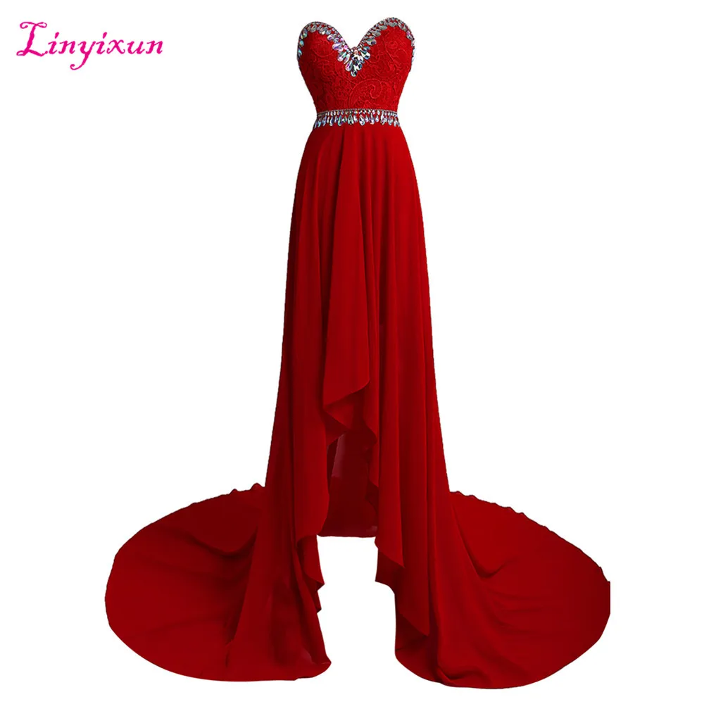 Linyixun настоящая фотография красные длинные шифоновые платья для выпускного