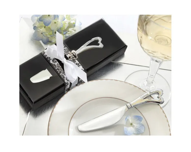 

free shipping 100 pcs/lot "spread the love" stainless steel heart butter knife wedding favors and gifts for party giveaways