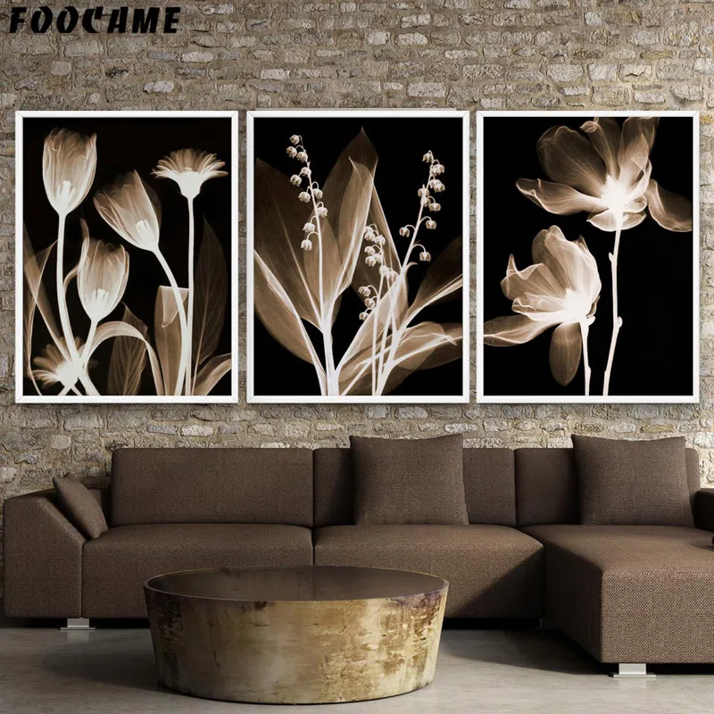 FOOCAME Black Background Flower Minimalism Posters and Prints Art Canvas Painting Home Decor Wall Pictures For Living Room | Дом и сад