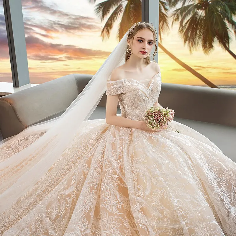 Женское свадебное платье SSYFashion роскошное до пола со шлейфом и вырезом лодочкой