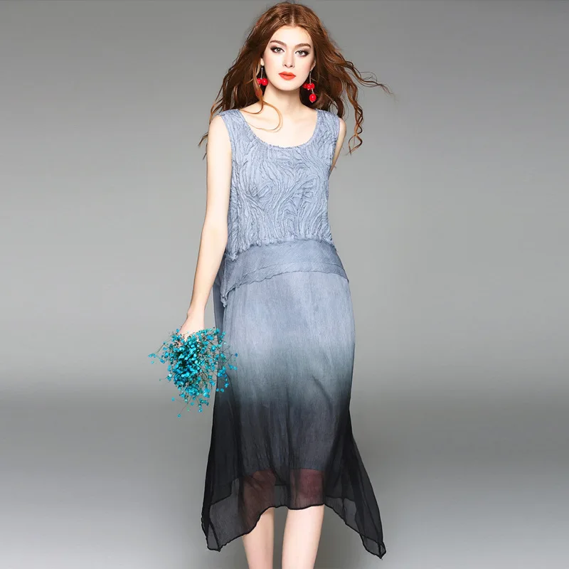 Платье из 100% шелка высокого качества с градиентной аппликацией без рукавов