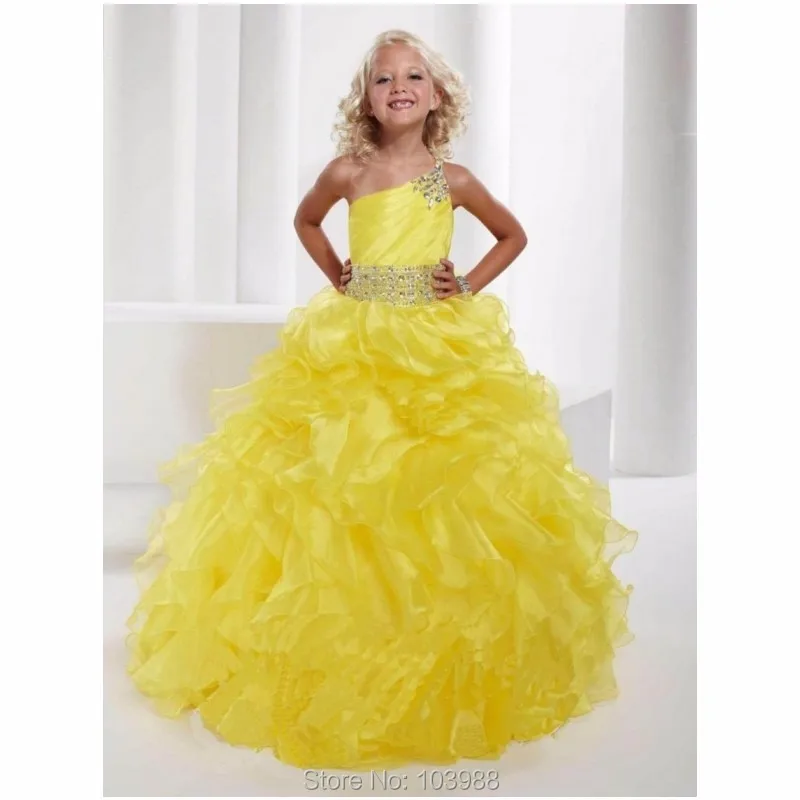 

Free Shipping Sleeveless Scoop yellow Flower Girl Dresses Beading Ruffles Floor-length For Wedding Pageant Ball Gown Custom Made